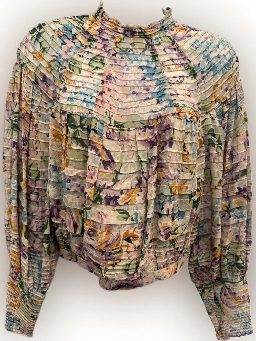 Zimmermann Cream Floral Pintuck High-Neck Blouse with Pastel Accents
